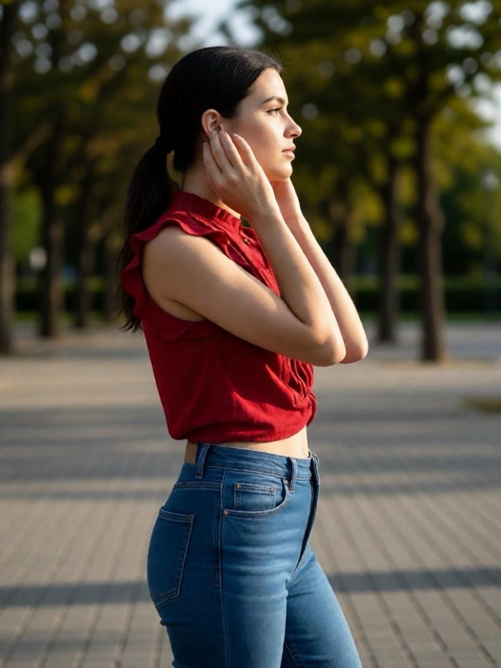 Red button down linen blend Twist Top